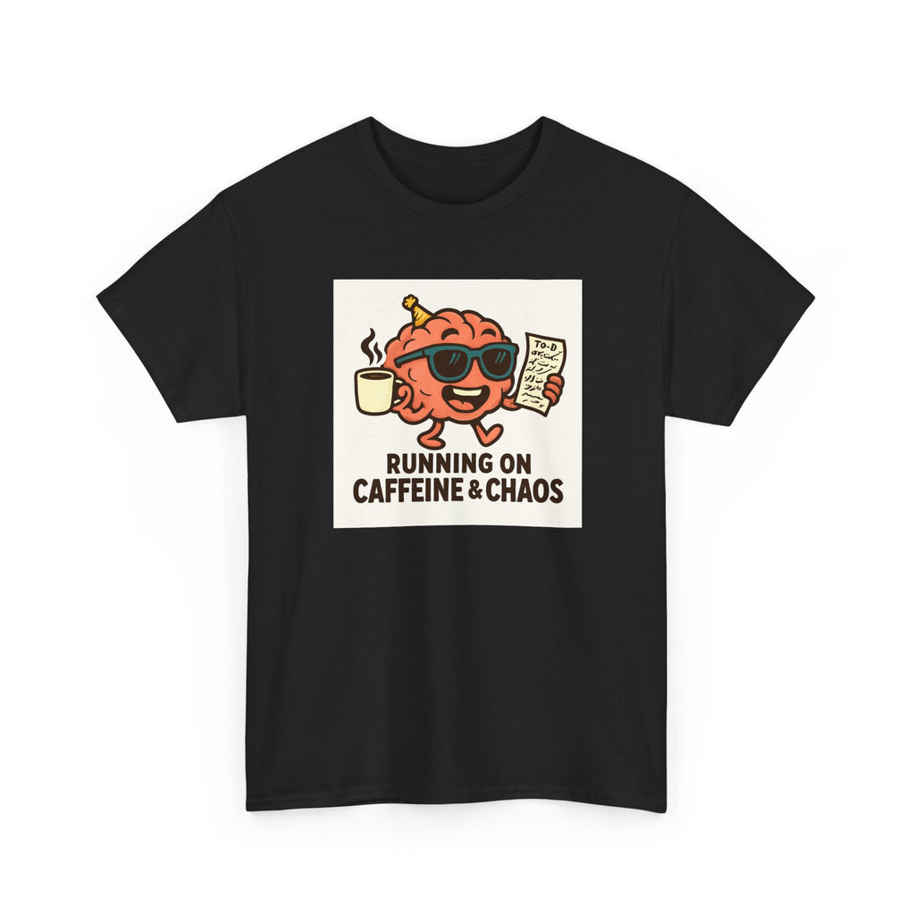 Funny Coffee Lover Tee - Running on Caffeine & Chaos, Humor T-Shirt, Gift for Coffee Addicts, Quirky Graphic Tee, Unisex Casual Wear