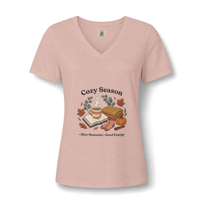 Cozy Season V Neck Tee Autumn Graphic Shirt Slow Moments Good Energy