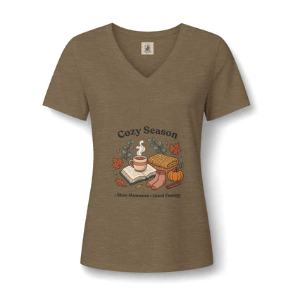 Cozy Season V Neck Tee Autumn Graphic Shirt Slow Moments Good Energy