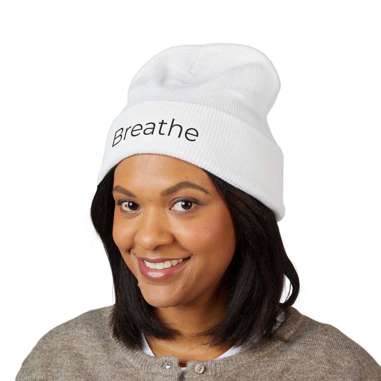 Breathe embroidered beanie | cuffed knit hat, minimalist text
