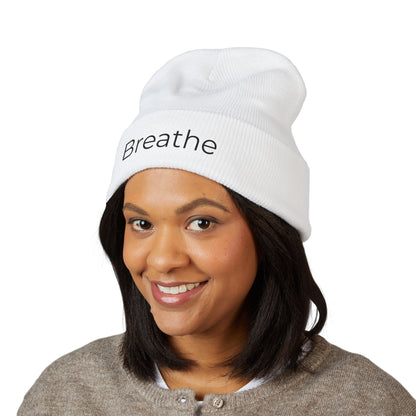 Breathe embroidered beanie | cuffed knit hat, minimalist text