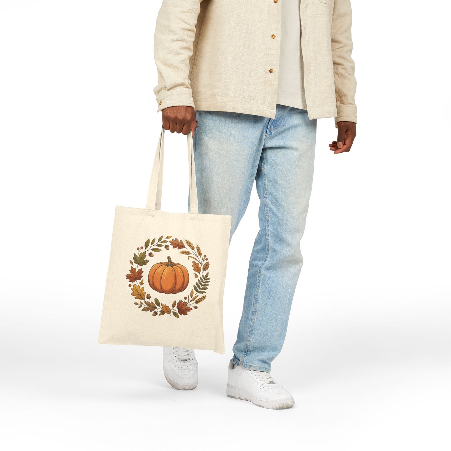 Autumn Pumpkin Wreath Cotton Canvas Tote Bag Hand Drawn Fall Market Tote