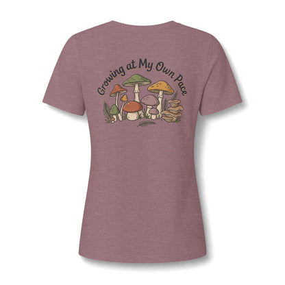 Womens Relaxed V Neck Mushroom Tee Growing At My Own Pace