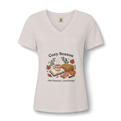 Cozy Season V Neck Tee Autumn Graphic Shirt Slow Moments Good Energy