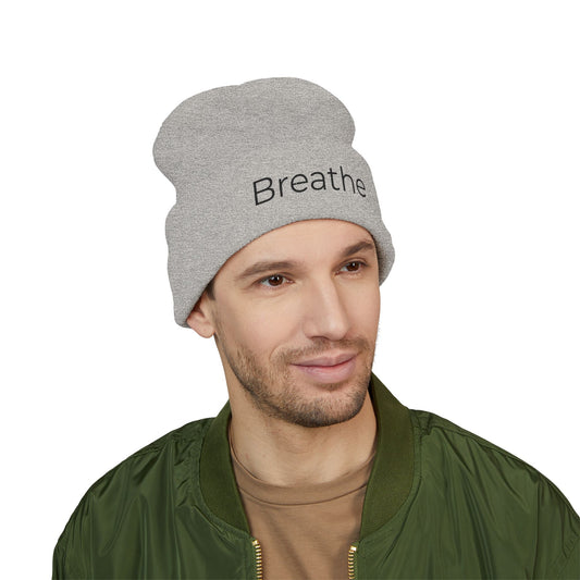 Breathe embroidered beanie | cuffed knit hat, minimalist text