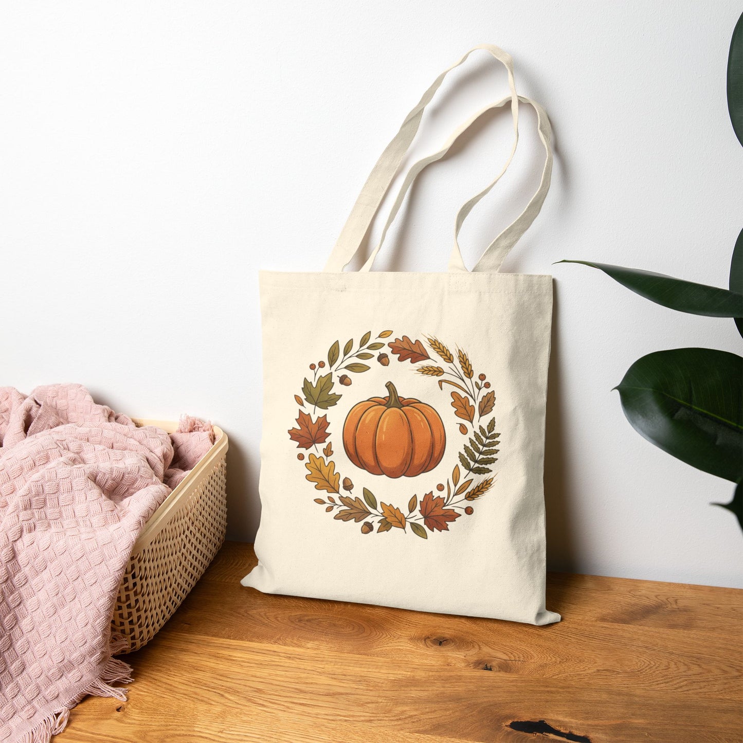 Autumn Pumpkin Wreath Cotton Canvas Tote Bag Hand Drawn Fall Market Tote