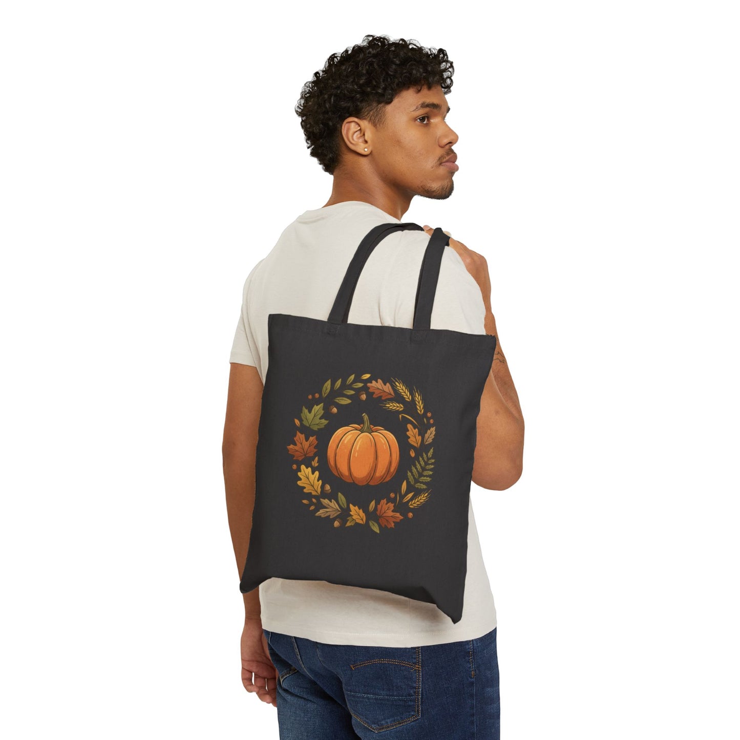 Autumn Pumpkin Wreath Cotton Canvas Tote Bag Hand Drawn Fall Market Tote