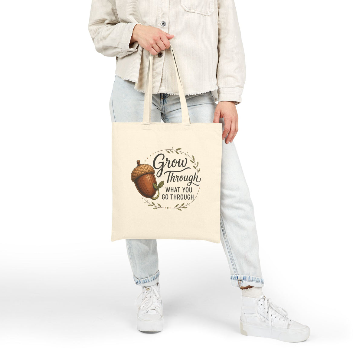 Grow Through What You Go Through Inspirational Acorn Cotton Canvas Tote Bag