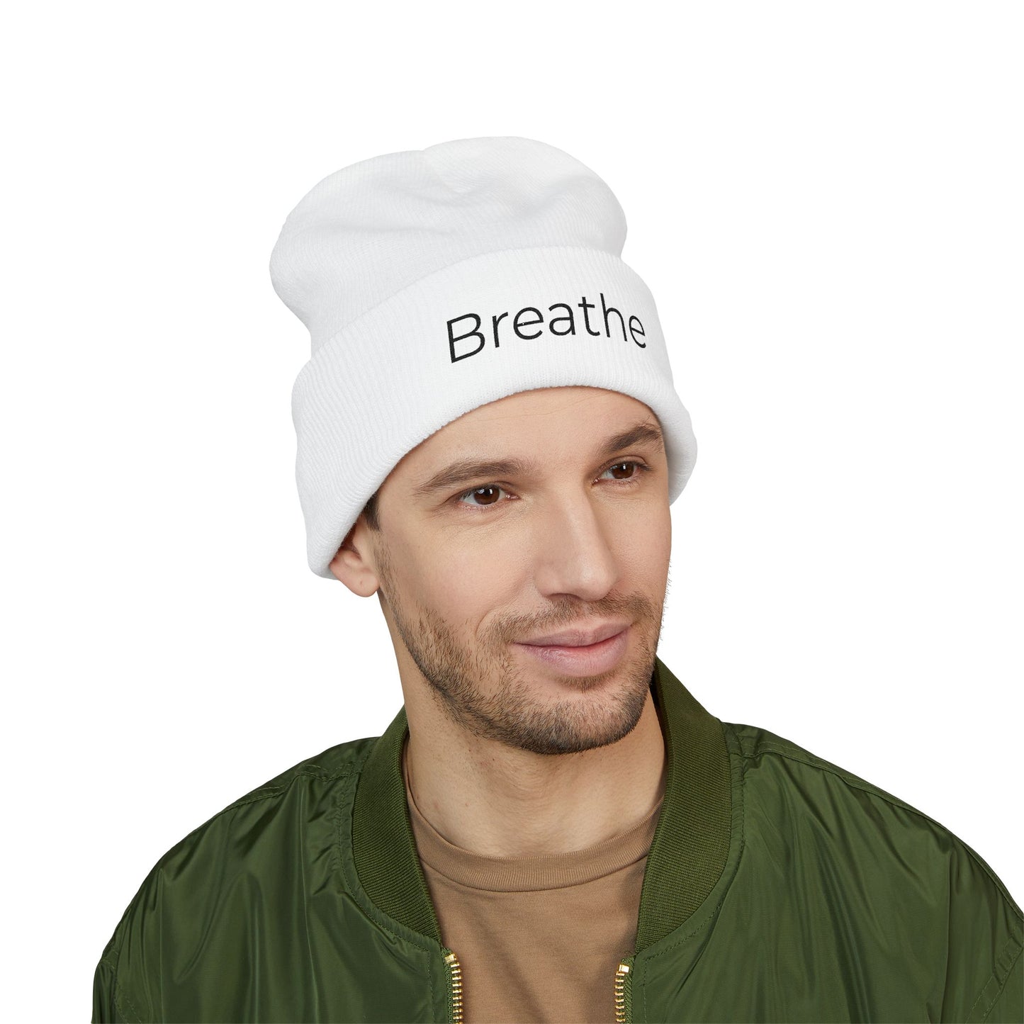 Breathe embroidered beanie | cuffed knit hat, minimalist text