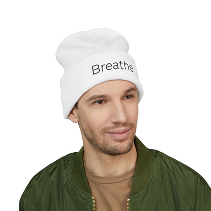 Breathe embroidered beanie | cuffed knit hat, minimalist text