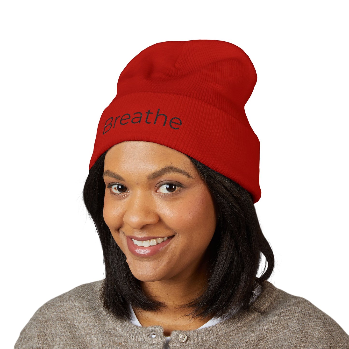 Breathe embroidered beanie | cuffed knit hat, minimalist text