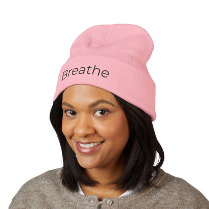 Breathe embroidered beanie | cuffed knit hat, minimalist text