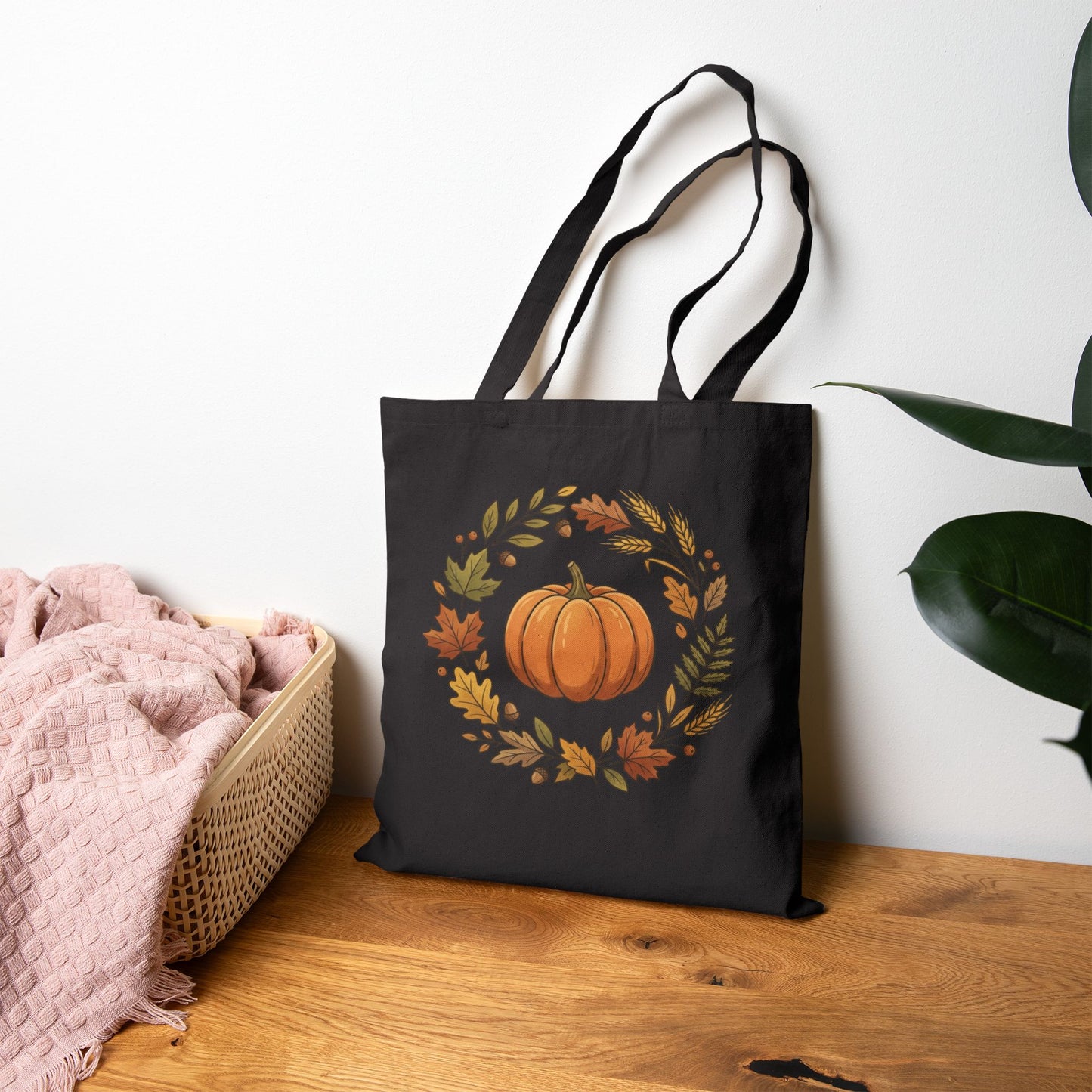 Autumn Pumpkin Wreath Cotton Canvas Tote Bag Hand Drawn Fall Market Tote