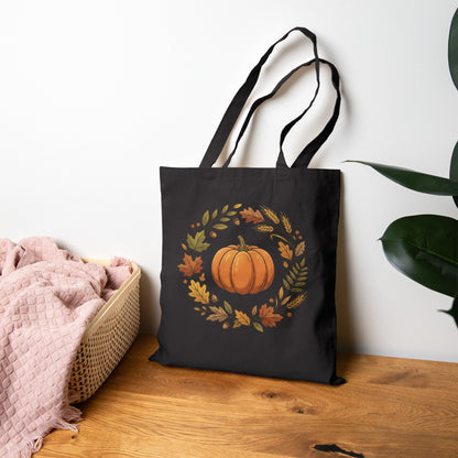 Autumn Pumpkin Wreath Cotton Canvas Tote Bag Hand Drawn Fall Market Tote