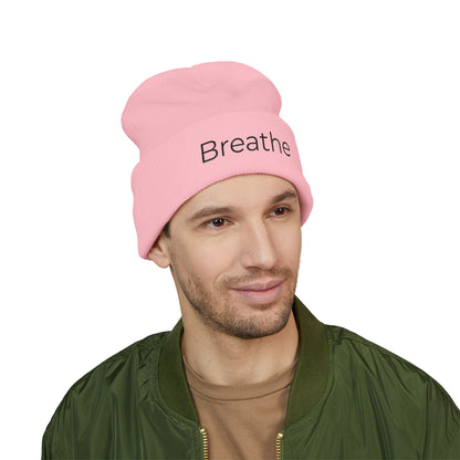 Breathe embroidered beanie | cuffed knit hat, minimalist text