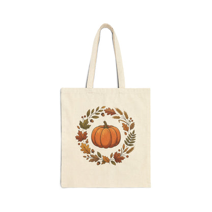 Autumn Pumpkin Wreath Cotton Canvas Tote Bag Hand Drawn Fall Market Tote