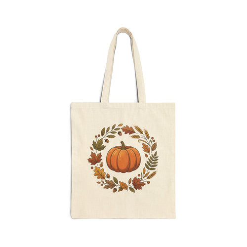 Autumn Pumpkin Wreath Cotton Canvas Tote Bag Hand Drawn Fall Market Tote
