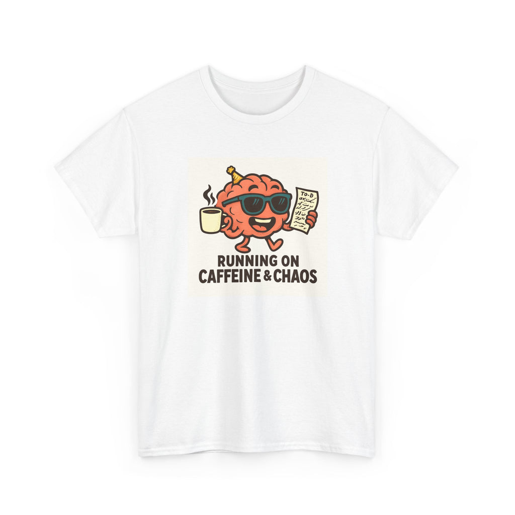 Funny Coffee Lover Tee - Running on Caffeine & Chaos, Humor T-Shirt, Gift for Coffee Addicts, Quirky Graphic Tee, Unisex Casual Wear