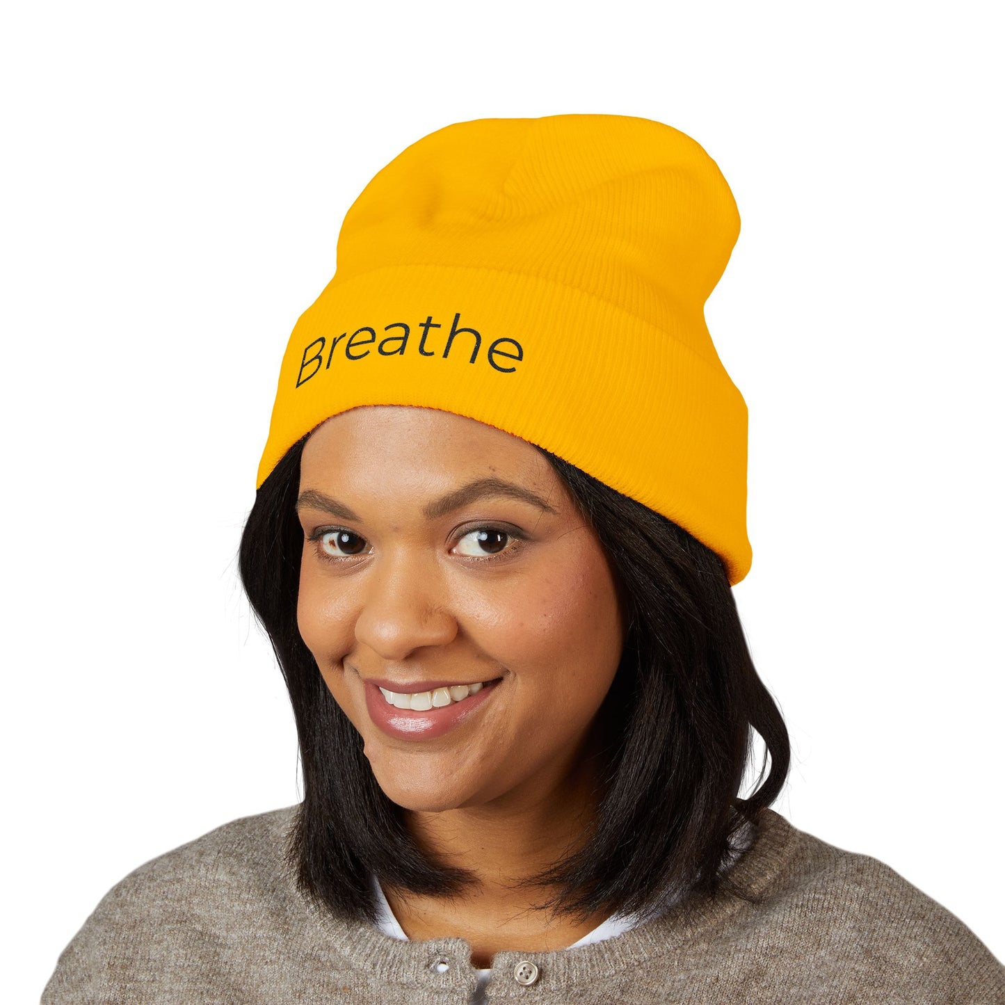 Breathe embroidered beanie | cuffed knit hat, minimalist text