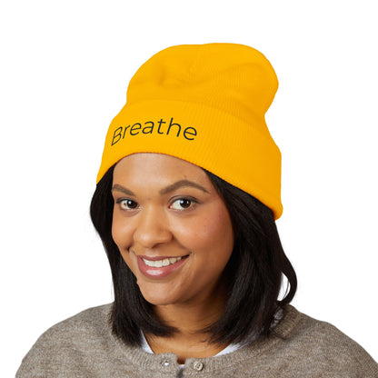 Breathe embroidered beanie | cuffed knit hat, minimalist text