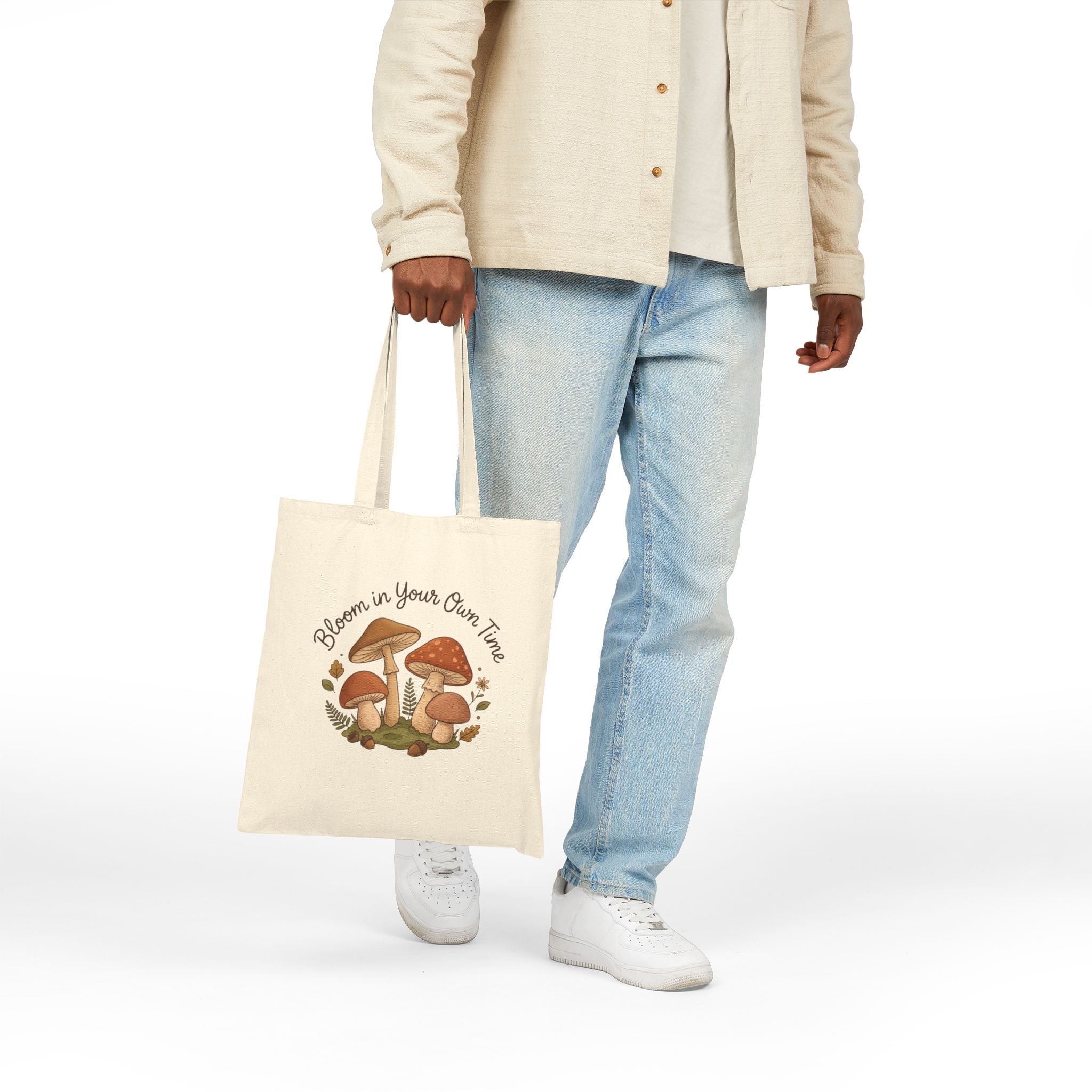 Bloom In Your Own Time Mushroom Cotton Canvas Tote Bag Forest Calm