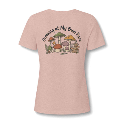 Womens Relaxed V Neck Mushroom Tee Growing At My Own Pace