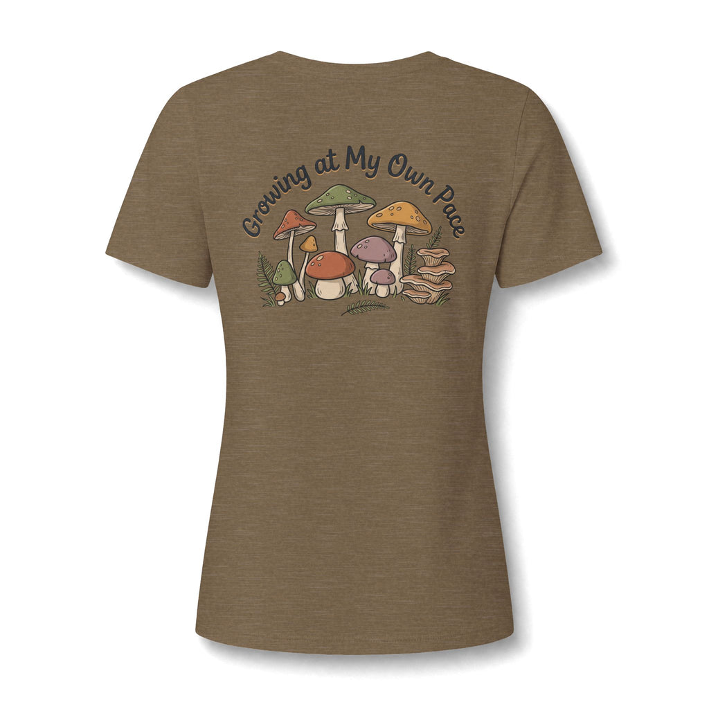 Womens Relaxed V Neck Mushroom Tee Growing At My Own Pace