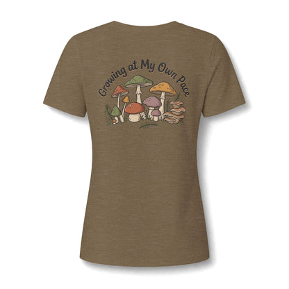 Womens Relaxed V Neck Mushroom Tee Growing At My Own Pace
