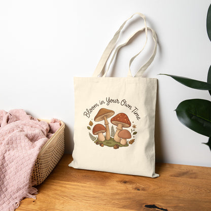 Bloom In Your Own Time Mushroom Cotton Canvas Tote Bag Forest Calm