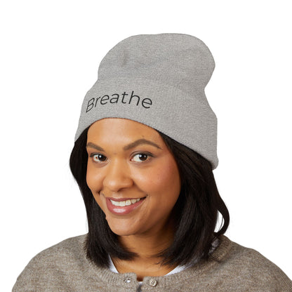 Breathe embroidered beanie | cuffed knit hat, minimalist text