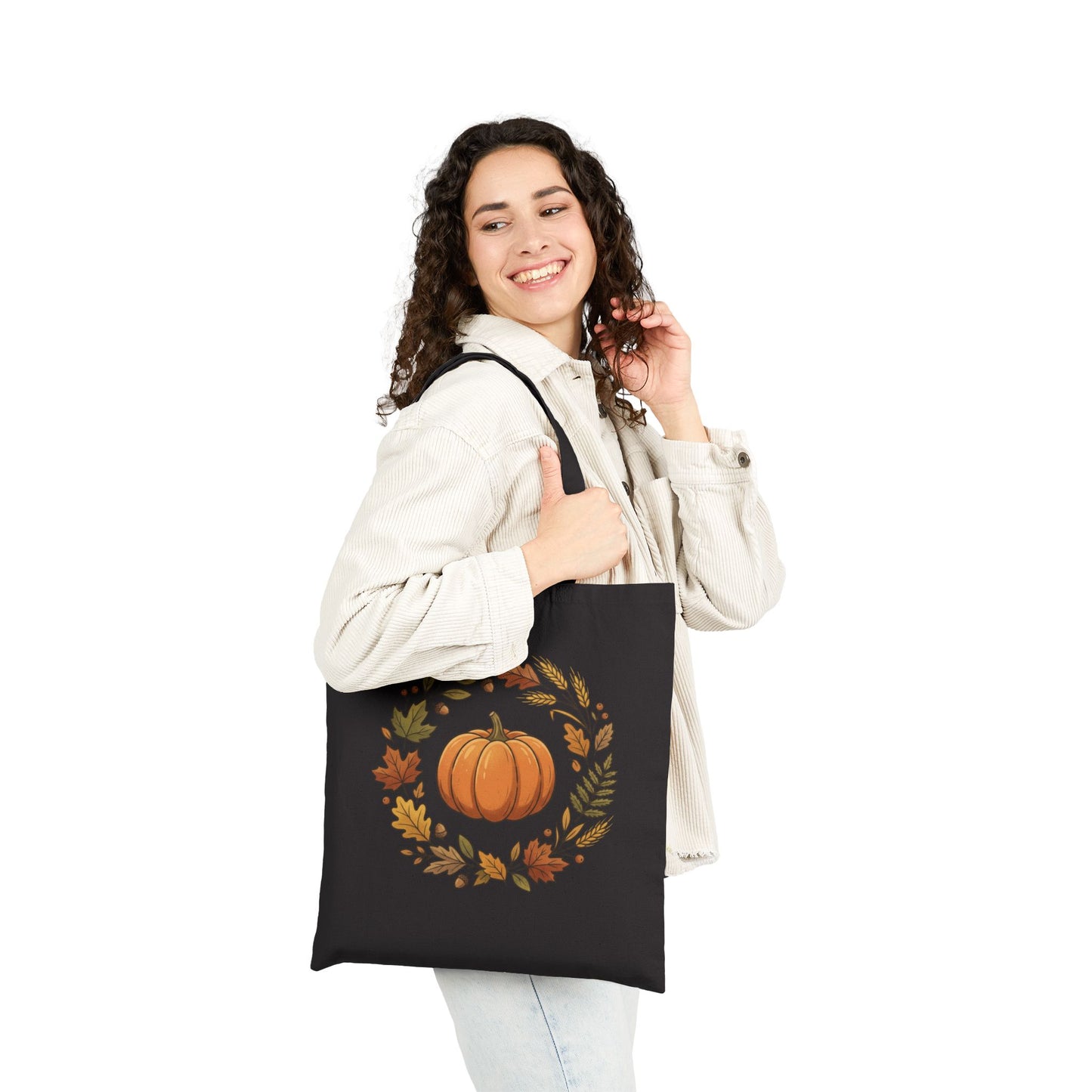 Autumn Pumpkin Wreath Cotton Canvas Tote Bag Hand Drawn Fall Market Tote