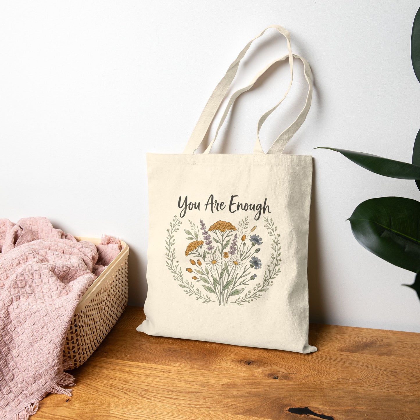 You Are Enough Floral Canvas Tote Bag Eco Friendly Market Bag
