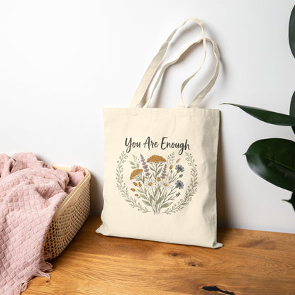 You Are Enough Floral Canvas Tote Bag Eco Friendly Market Bag