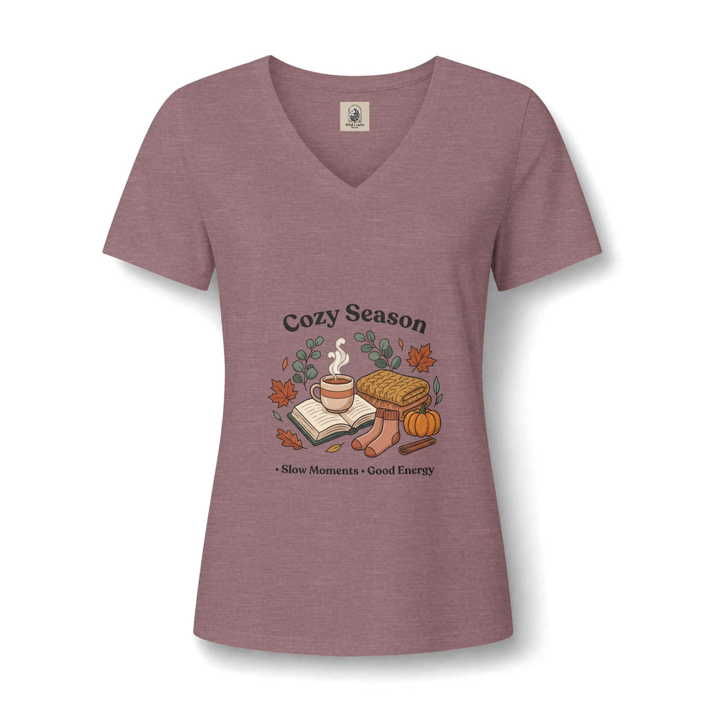 Cozy Season V Neck Tee Autumn Graphic Shirt Slow Moments Good Energy