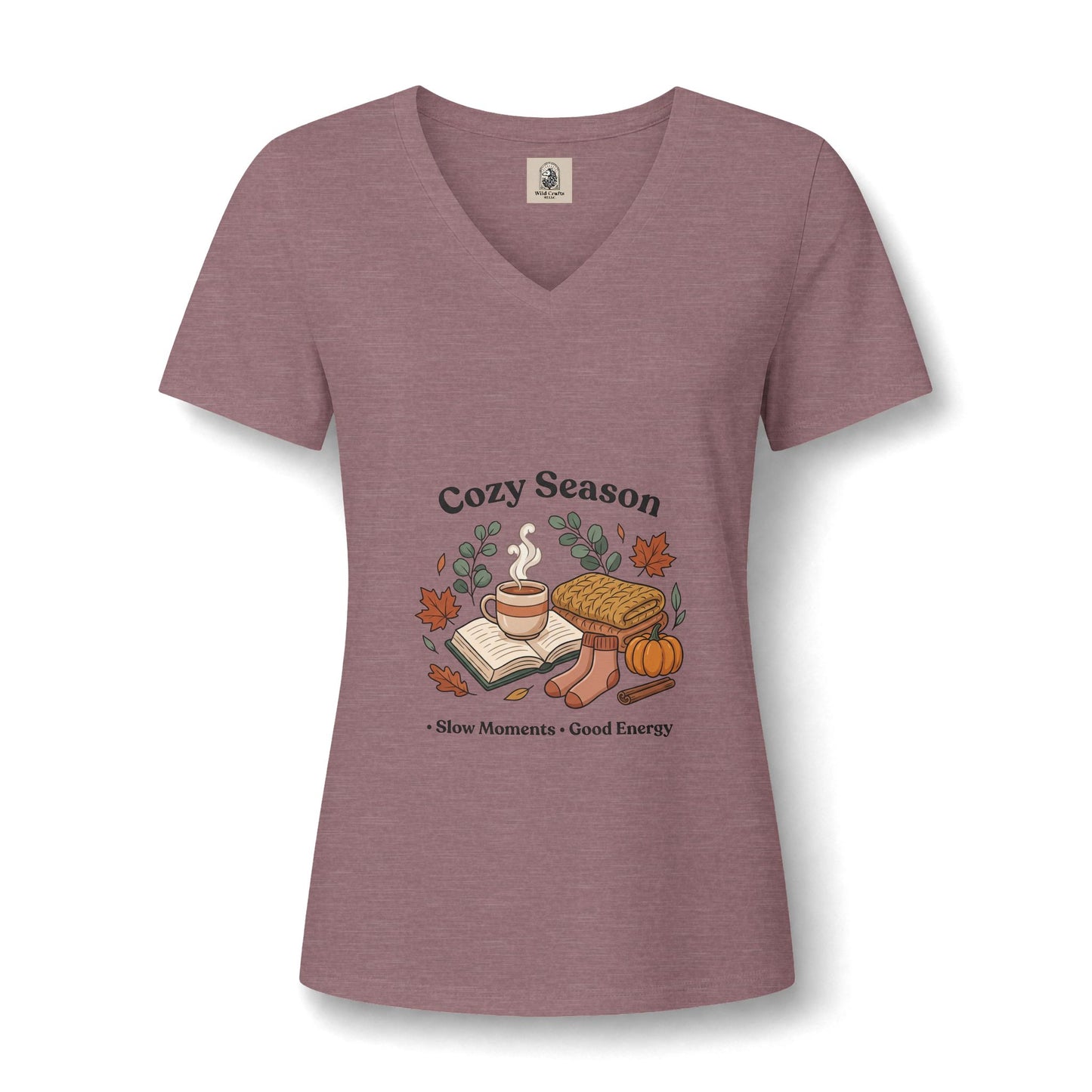 Cozy Season V Neck Tee Autumn Graphic Shirt Slow Moments Good Energy