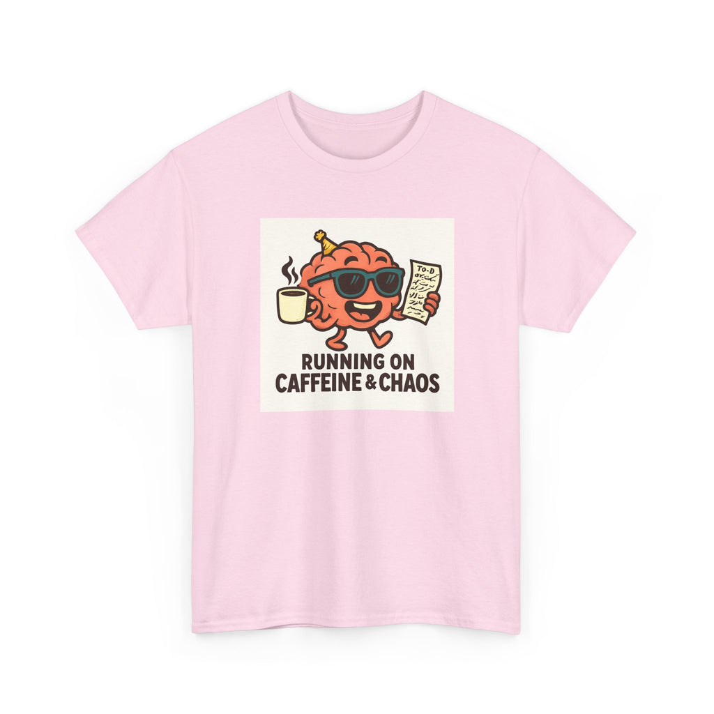 Funny Coffee Lover Tee - Running on Caffeine & Chaos, Humor T-Shirt, Gift for Coffee Addicts, Quirky Graphic Tee, Unisex Casual Wear