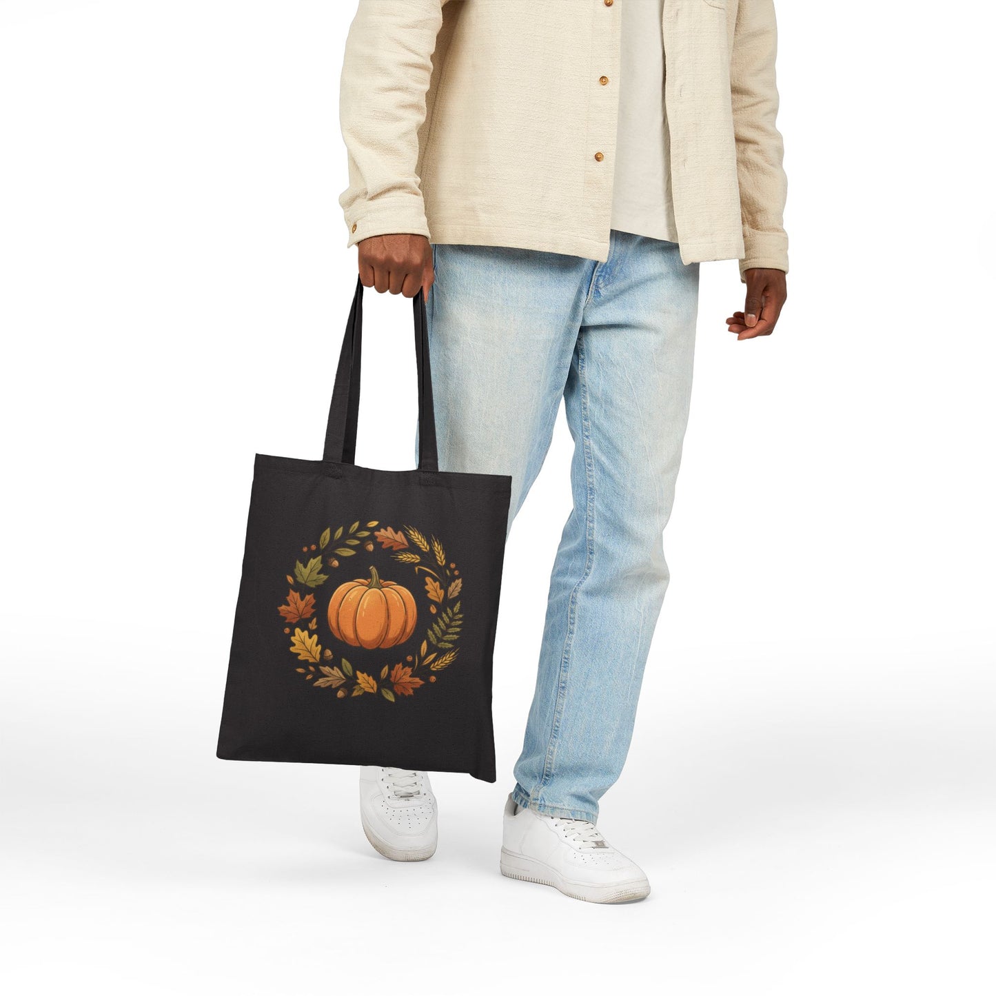 Autumn Pumpkin Wreath Cotton Canvas Tote Bag Hand Drawn Fall Market Tote