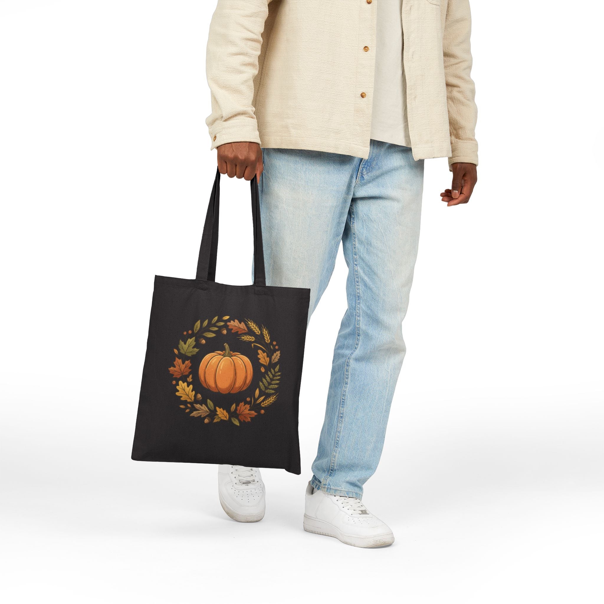 Autumn Pumpkin Wreath Cotton Canvas Tote Bag Hand Drawn Fall Market Tote