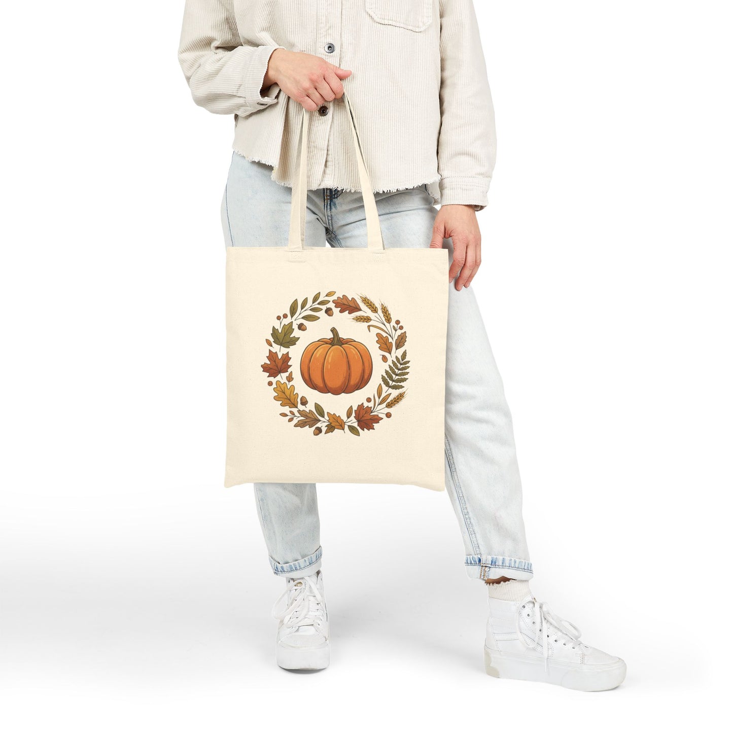 Autumn Pumpkin Wreath Cotton Canvas Tote Bag Hand Drawn Fall Market Tote