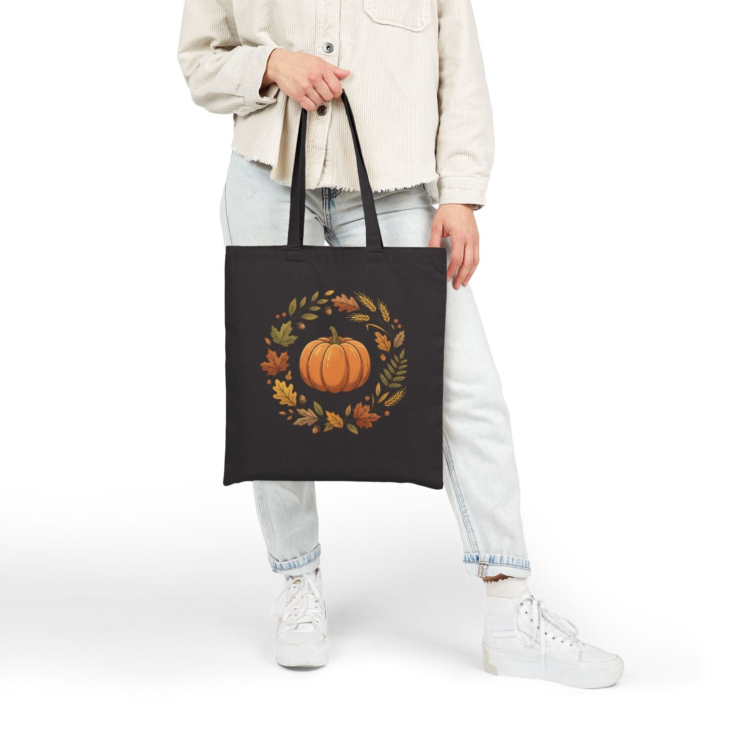 Autumn Pumpkin Wreath Cotton Canvas Tote Bag Hand Drawn Fall Market Tote