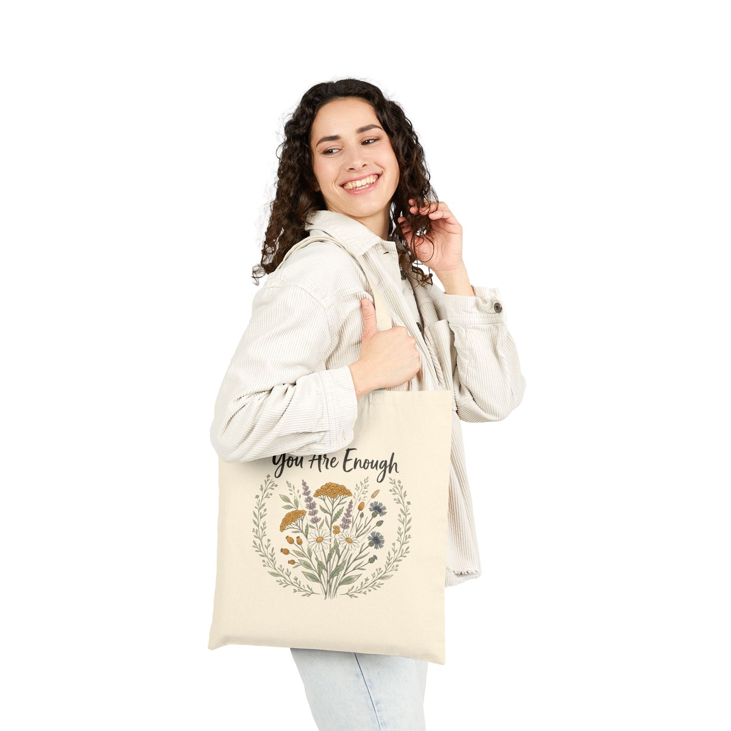 You Are Enough Floral Canvas Tote Bag Eco Friendly Market Bag