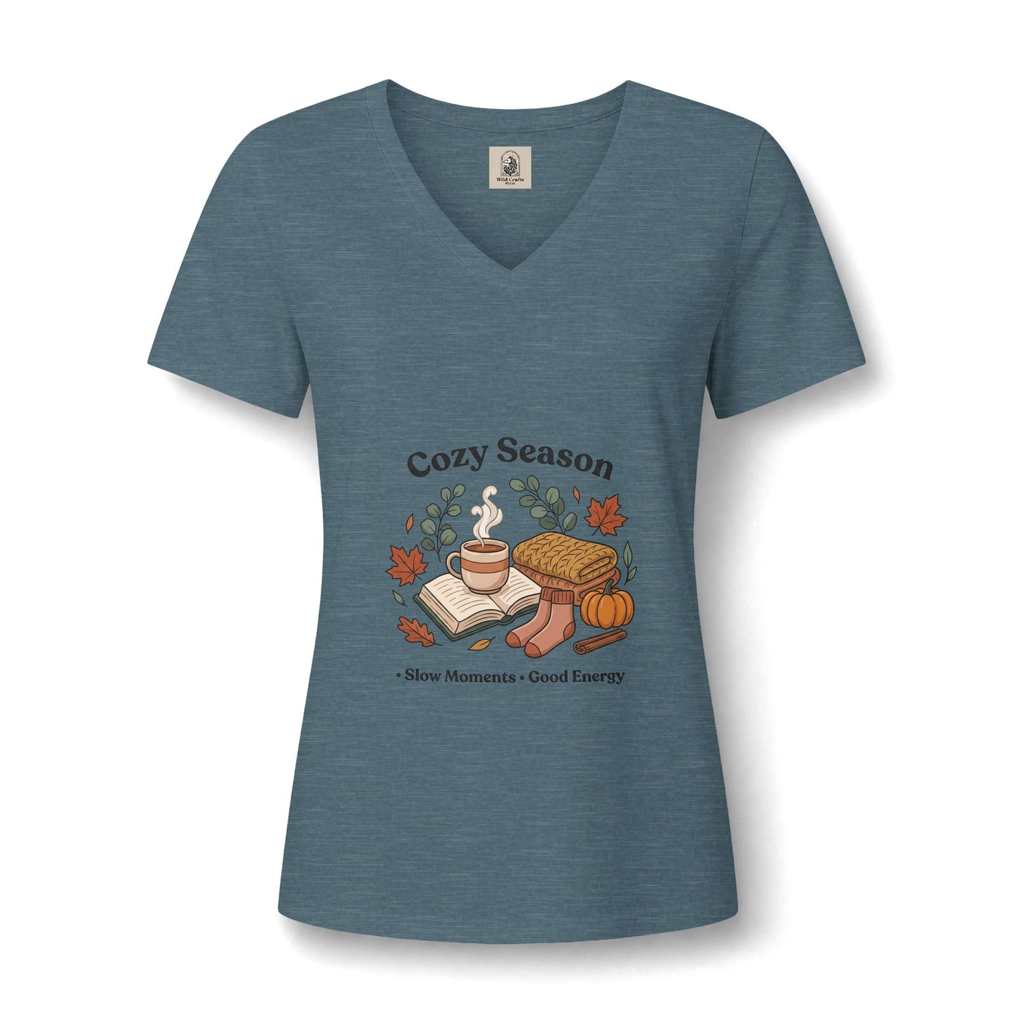 Cozy Season V Neck Tee Autumn Graphic Shirt Slow Moments Good Energy