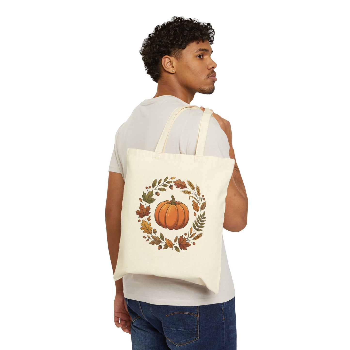 Autumn Pumpkin Wreath Cotton Canvas Tote Bag Hand Drawn Fall Market Tote