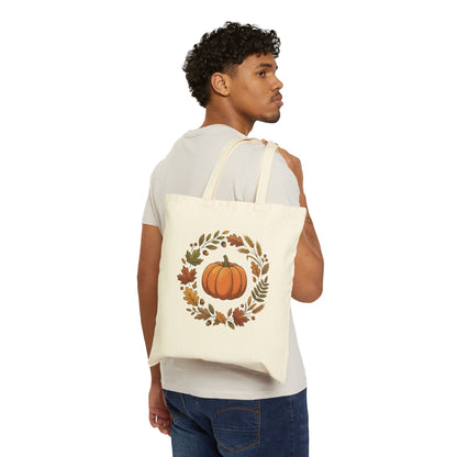 Autumn Pumpkin Wreath Cotton Canvas Tote Bag Hand Drawn Fall Market Tote