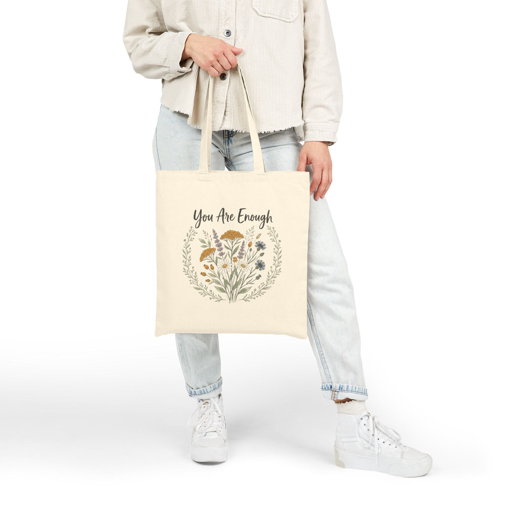 You Are Enough Floral Canvas Tote Bag Eco Friendly Market Bag